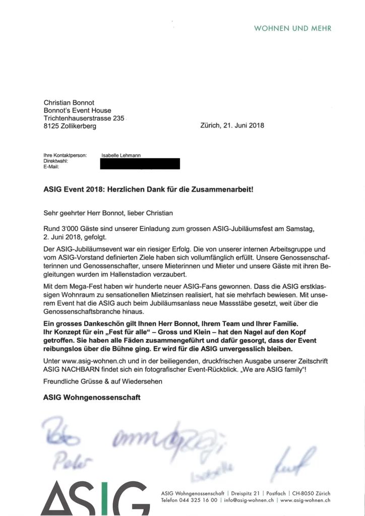Referenzschreiben der ASIG Wohngenossenschaft vom 21. Juni 2018