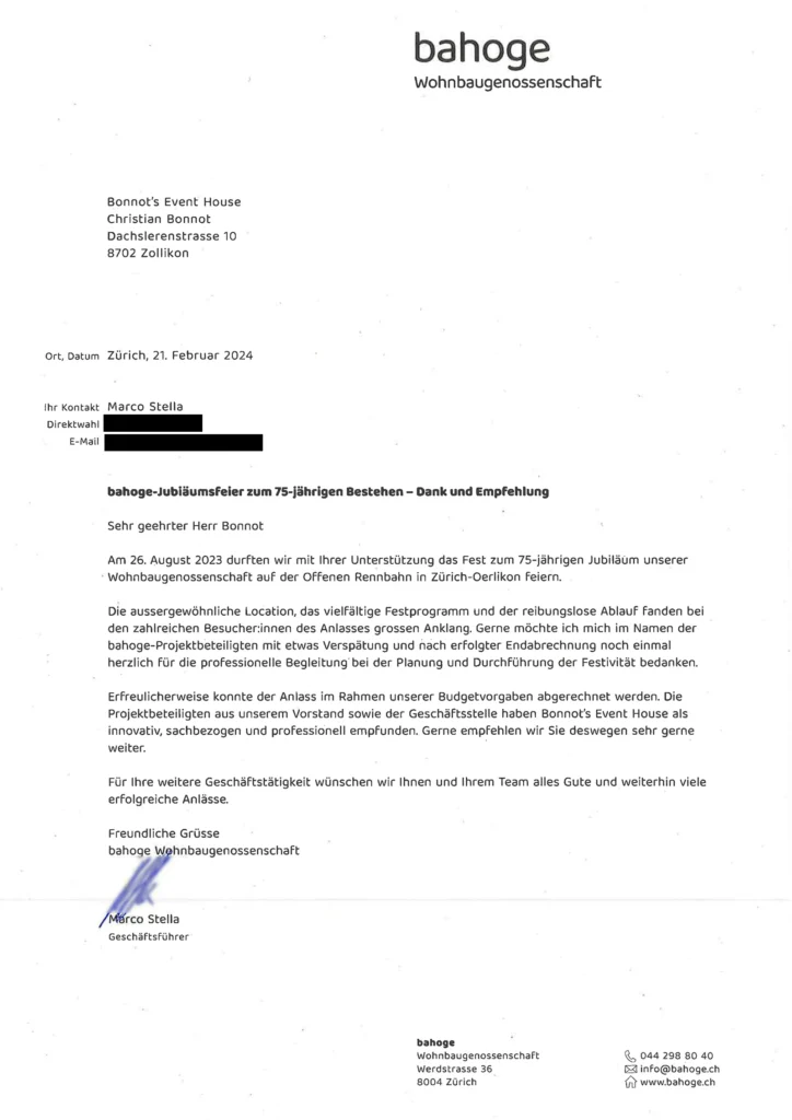 Referenzschreiben der bahoge Wohnbaugenossenschaft vom 21. Februar 2024