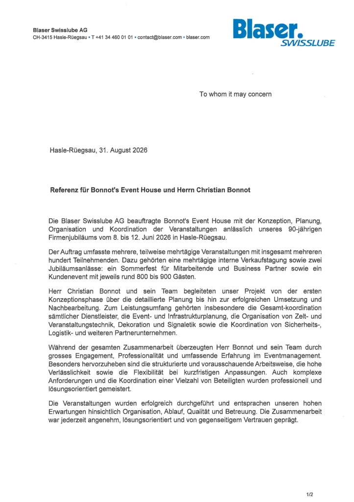 Referenzschreiben der Blaser Swisslube vom 31. August 2026, Seite 1 von 2