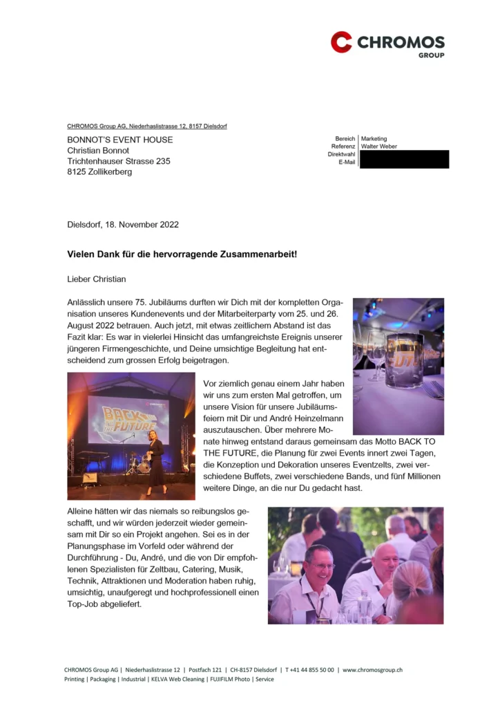 Referenzschreiben der Chromos Group vom 18. November 2022, Seite 1 von 2