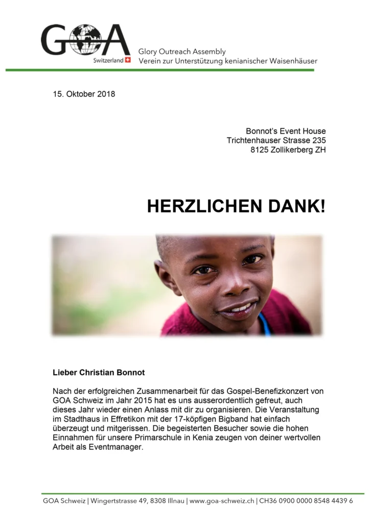Referenzschreiben der GOA Schweiz vom 15. Oktober 2018, Seite 1 von 2