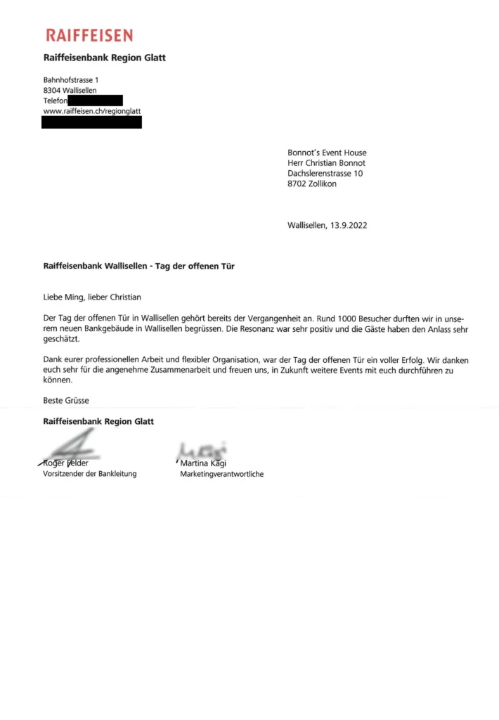 Referenzschreiben der Raiffeisenbank Region Glatt vom 13. September 2022