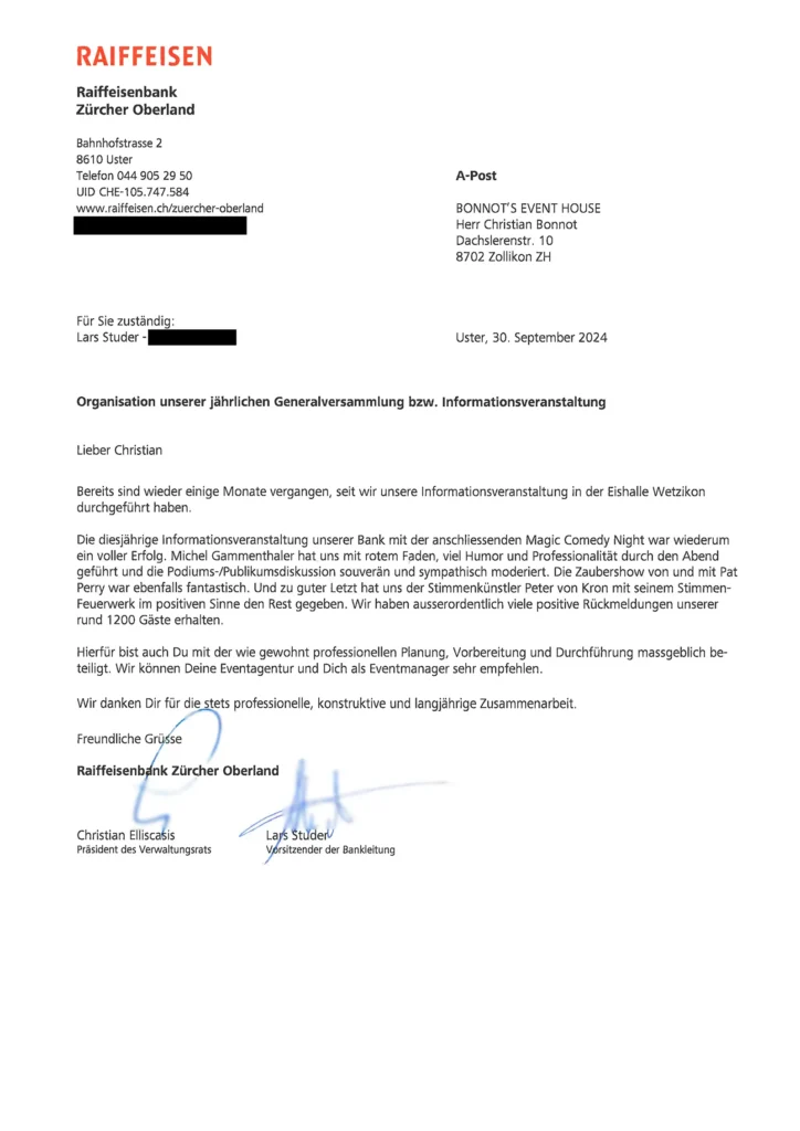 Referenzschreiben der Raiffeisenbank Zürcher Oberland vom 30. September 2024