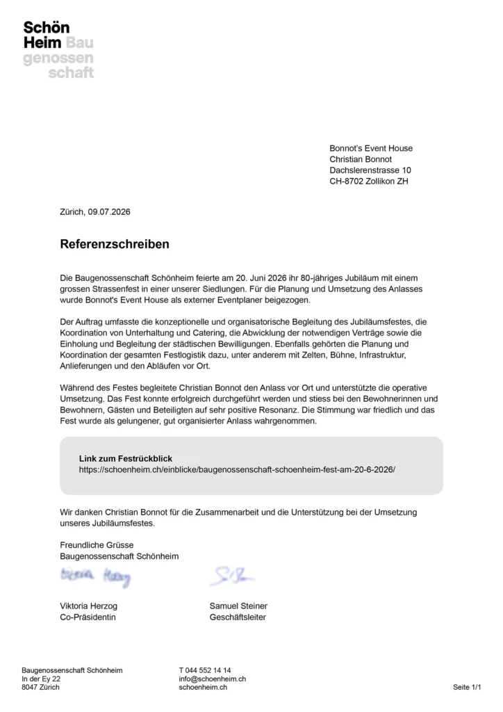 Referenzschreiben der Baugenossenschaft Schönheim vom 9. Juli 2026